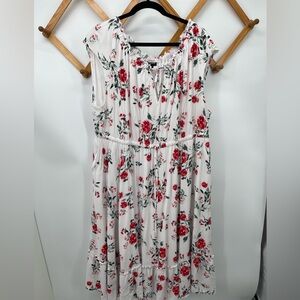 torrid White Midi Dress with Red Floral Print and Green Leaves